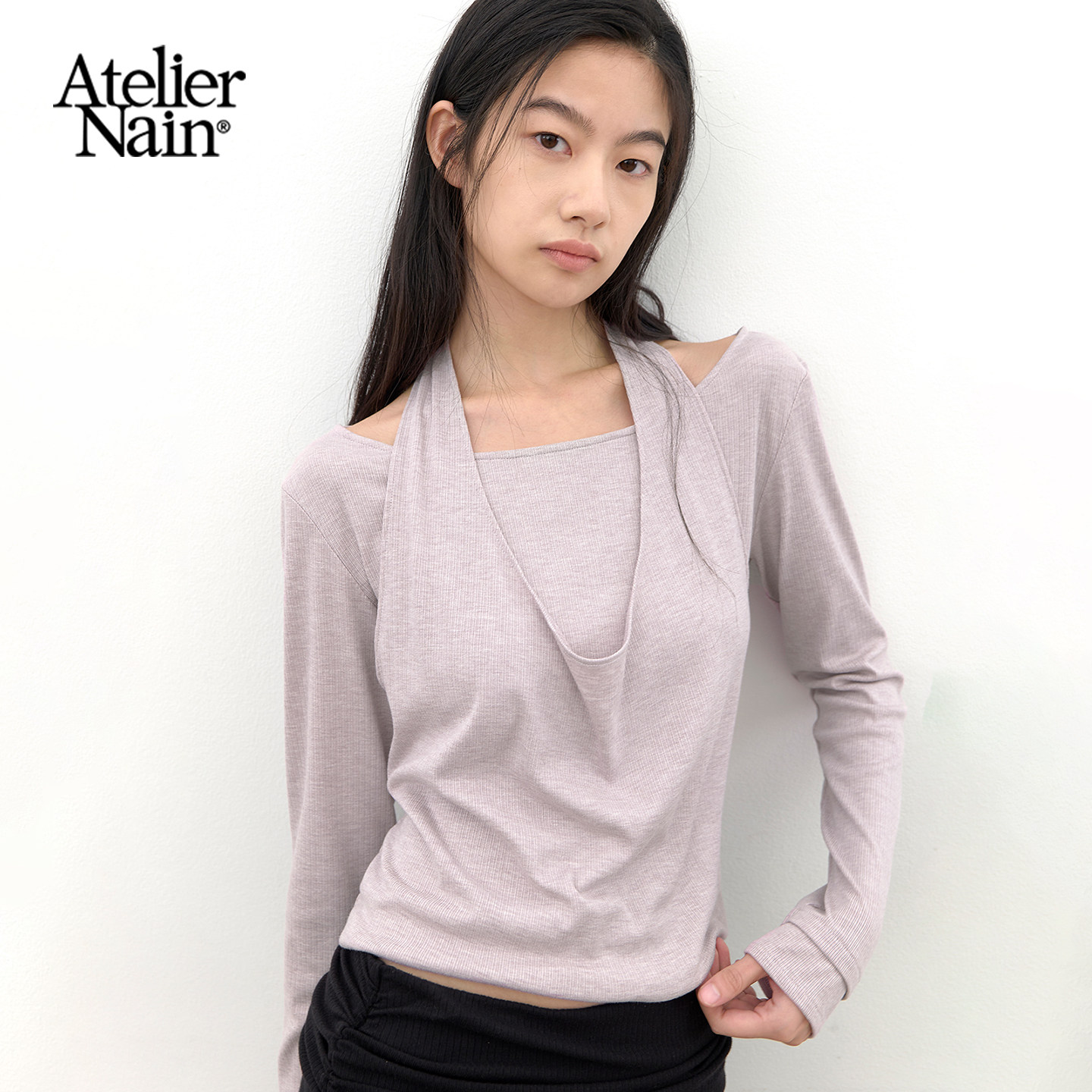 Atelier Nain2026年秋季新款假两件挂脖长袖T恤女设计感极简上衣