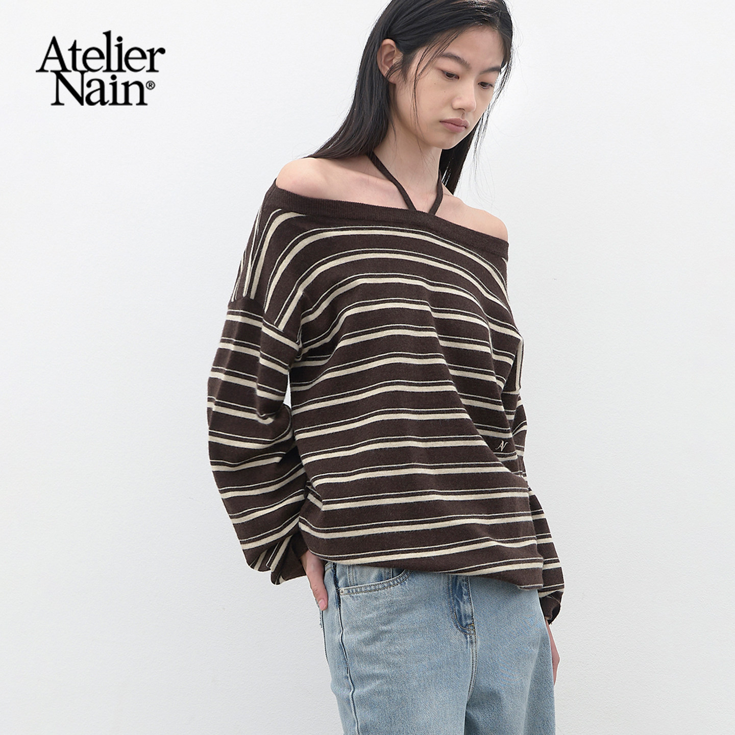 Atelier Nain2026年秋冬新款慵懒风一字肩条纹针织衫露肩宽松上衣