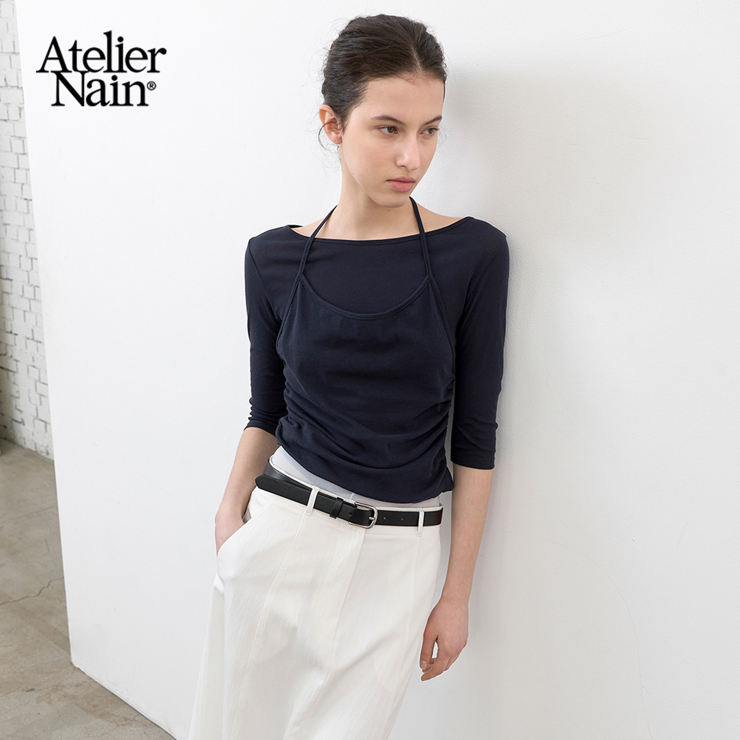 Atelier Nain2026年夏季新款轻熟优雅风假两件挂脖长袖T恤打底衫