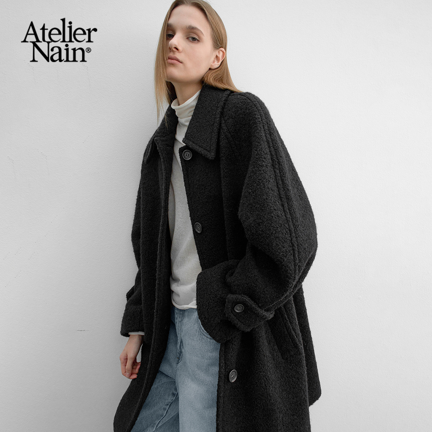 【车静媛同款】Atelier Nain羊毛大衣女中长款翻领气质毛呢外套女