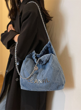 2025新款复古小香垃圾袋慵懒风托特包大容量单肩包牛仔链条包包女