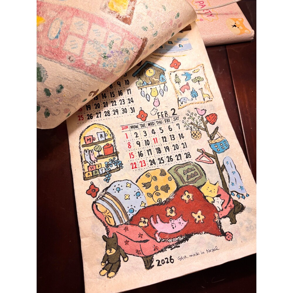 尼泊尔手工日历2026年新款高颜值创意卡通插画涂鸦学生台历万年历