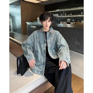 设计感刺绣夹克潮 百搭潮牌高街宽松上衣美式 秋季 破洞牛仔外套男款