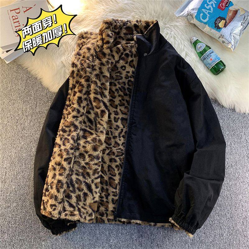 美式复古两面穿豹纹棉服外套潮牌欧美vintage保暖加厚羊羔绒棉衣