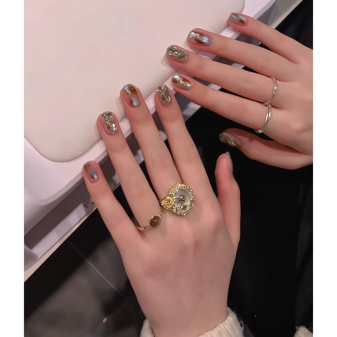 【棕蓝鎏金】纯手工穿戴甲秋冬琥珀晕染猫眼短款美甲气质显白可拆