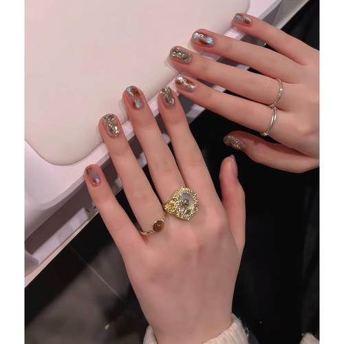 【棕蓝鎏金】纯手工穿戴甲秋冬琥珀晕染猫眼短款美甲气质显白可拆