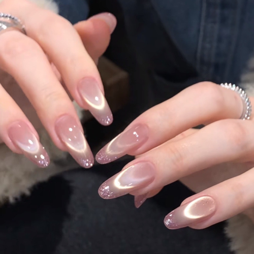 纯手工紫金猫眼法式穿戴甲爆闪