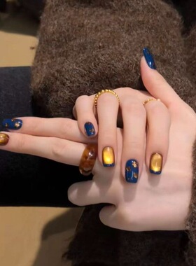 【鎏金小花】纯手工穿戴甲春夏复古老钱风鎏金猫眼短款蓝色法式美