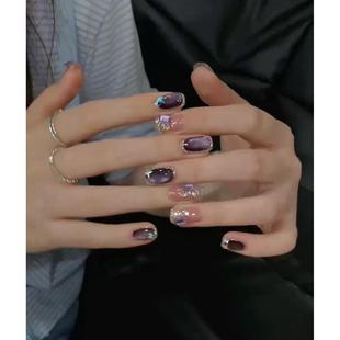 纯手工穿戴甲秋冬显白紫色玻璃珠美甲温柔日常可拆卸甲 梦幻紫