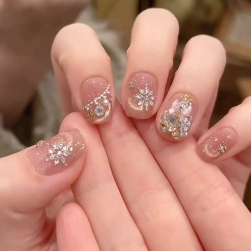 【金色圣诞】纯手工穿戴甲金色圣诞蝴蝶结爆闪猫眼雪花美甲片可拆