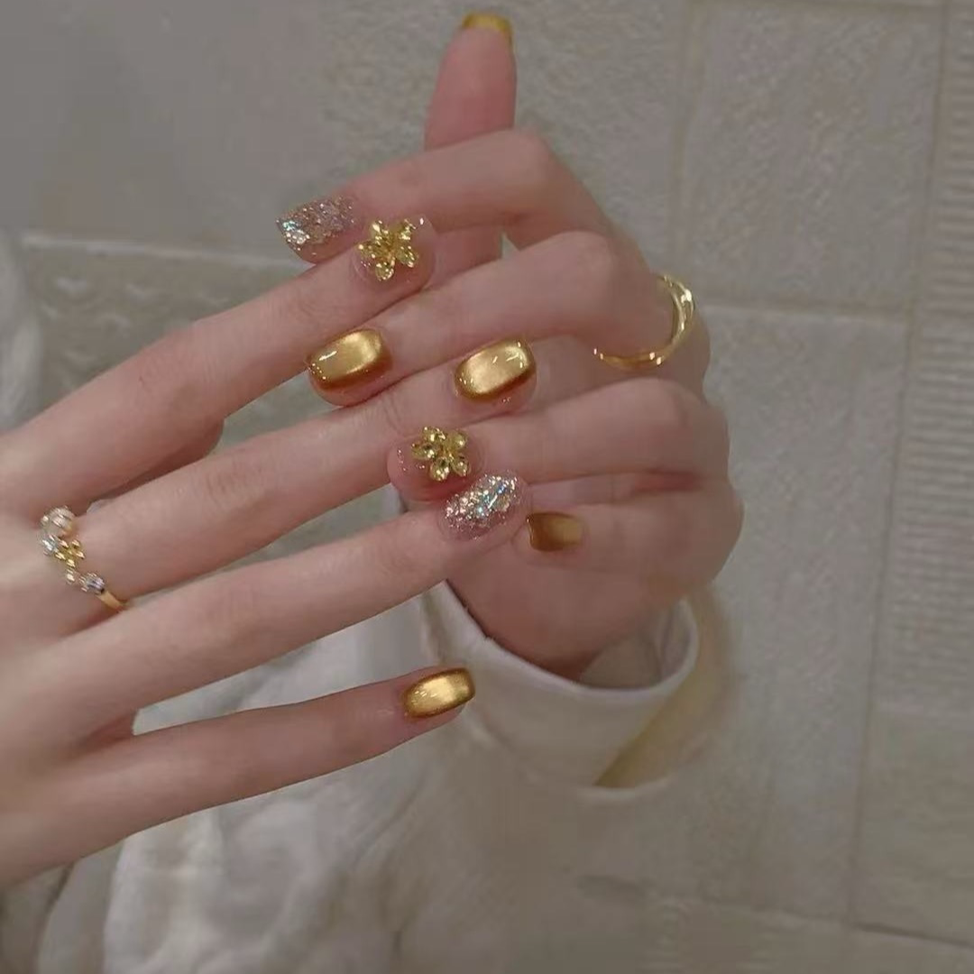金色繁花爆闪猫眼穿戴甲显白