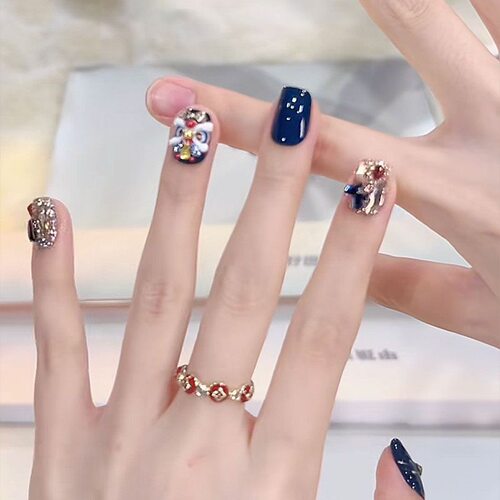 藏蓝醒狮手工猫眼穿戴甲显白