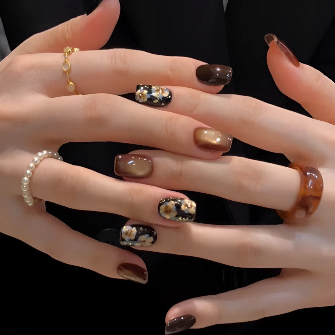 【繁花】秋冬纯手工复古金花高级猫眼穿戴甲气质短款可拆卸美甲片,彩妆/香水/美妆工具,穿戴甲/甲片,淘宝优惠券,粉丝福利购,淘宝优惠卷
