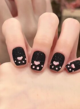 【黑夜甜心】纯手工穿戴甲显白甜酷黑粉猫爪猫眼美甲短款可拆卸贴