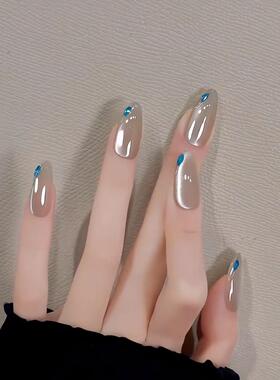 【鲛人泪】纯手工穿戴甲高级感冰透猫眼美甲显白冰蓝碎钻短款贴片