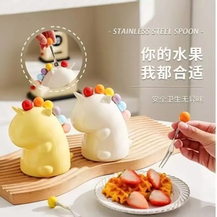 恐龙独角兽不锈钢水果叉家用轻奢高级感儿童安全摆件叉子收纳罐