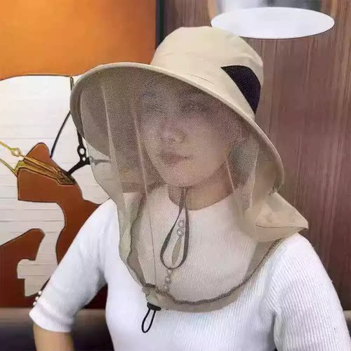 夏季网纱帽薄款透气防晒面纱一体防蚊虫护颈男女披肩帽露营遮阳帽