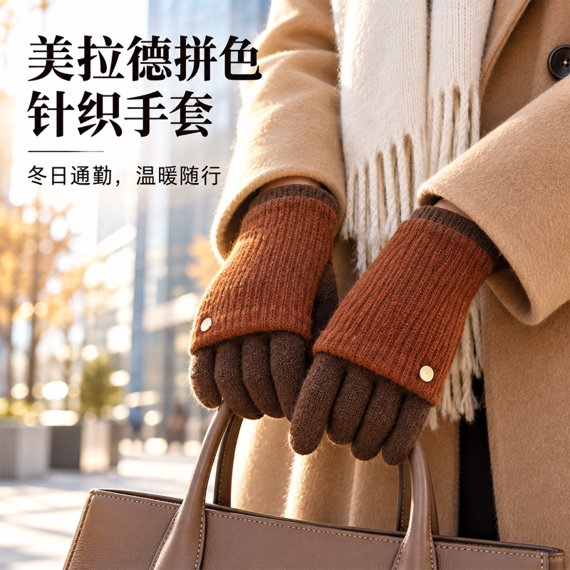 秋冬拼色针织可触屏防寒手套