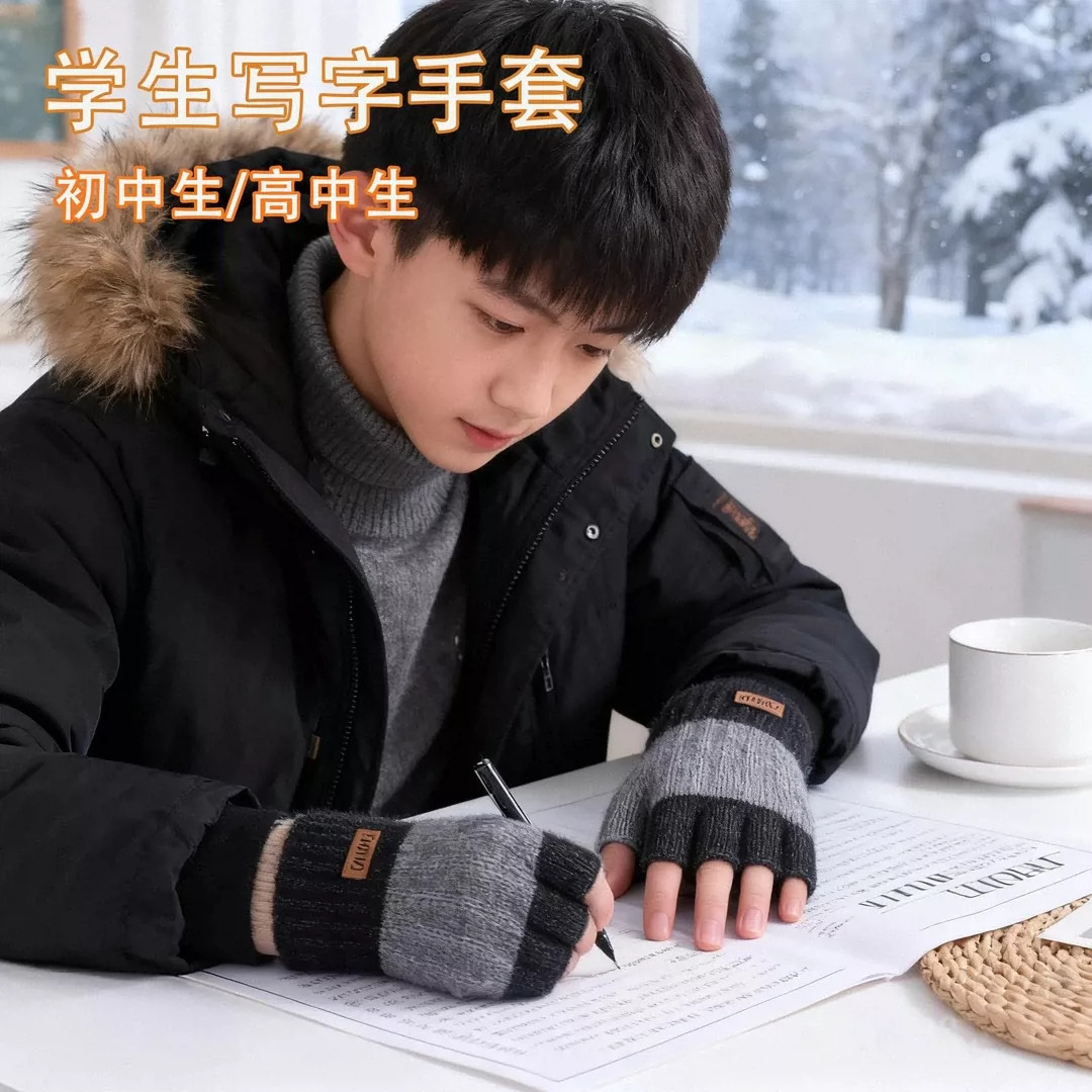 冬天加绒加厚半指手套男针织毛线
