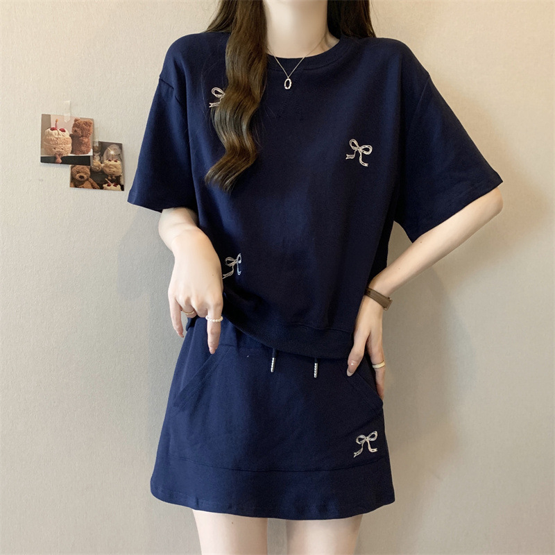 外贸实拍夏季外穿一整套休闲刺绣套装女大码宽松短袖T恤+半身裙