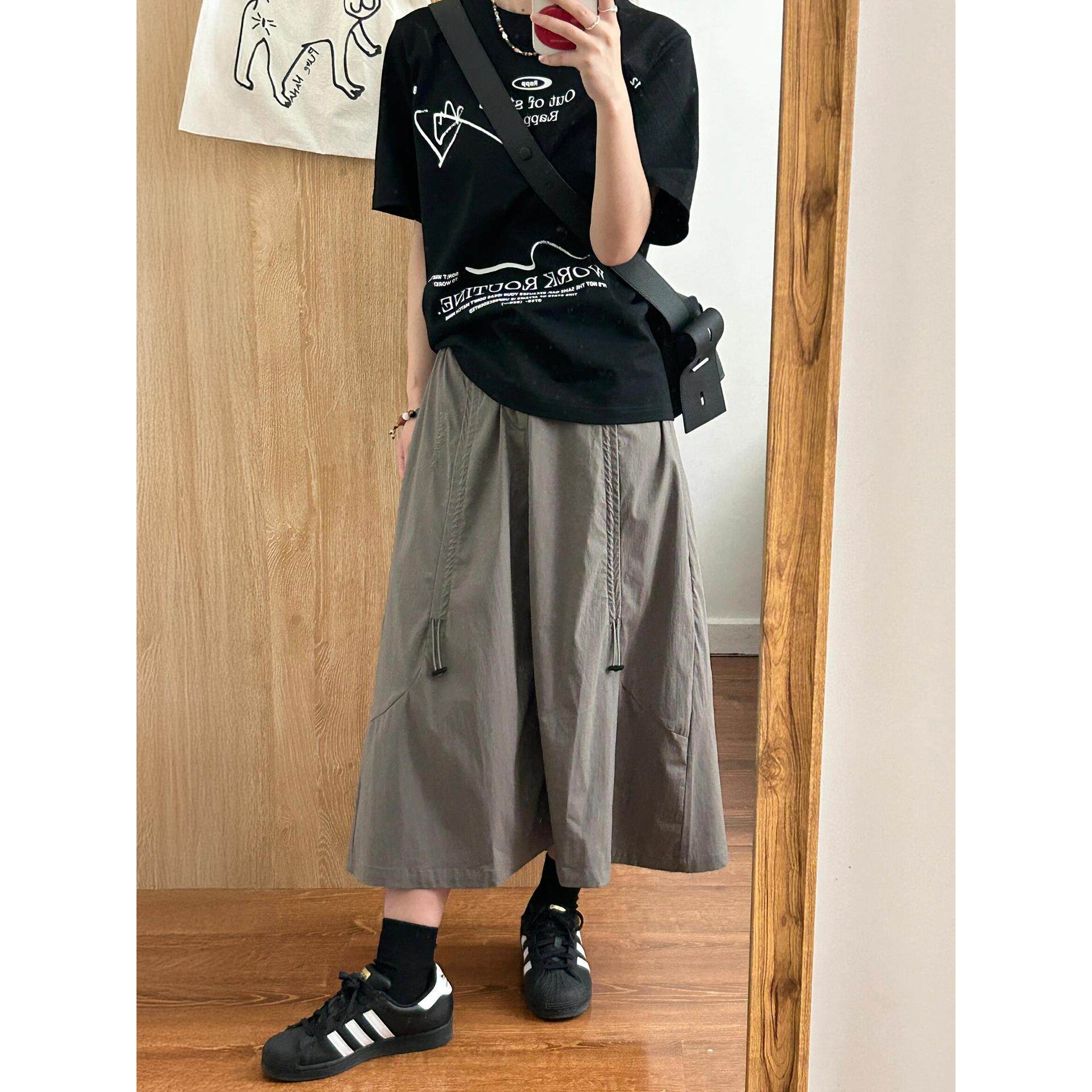 QSX灰绿色工装半身裙女秋季新款大码胖mm高腰遮胯显瘦中长款a字裙