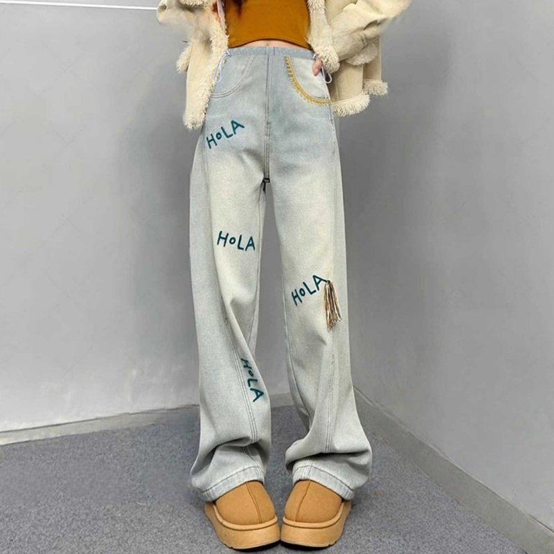 高级感刺绣图案牛仔裤女冬季新款