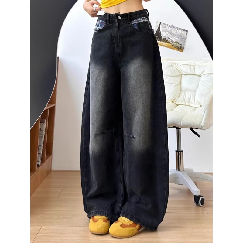 超好看格纹拼接牛仔裤女冬季新款