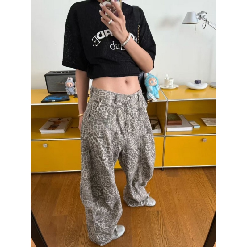 重工满印豹纹图案牛仔裤女冬季潮