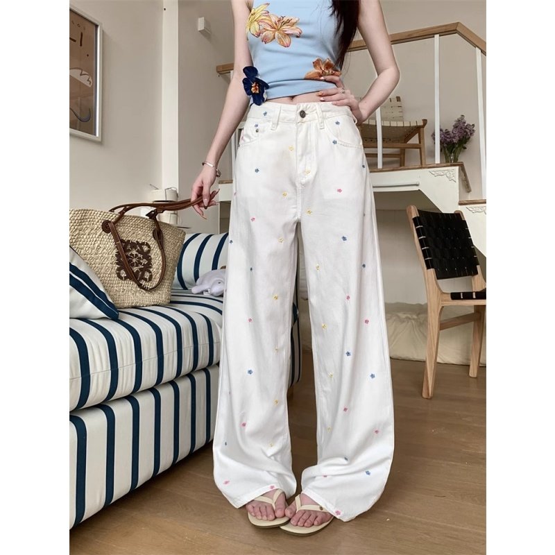 彩色波点刺绣牛仔裤女夏季新款辣妹百搭宽松显瘦高腰阔腿直筒长裤