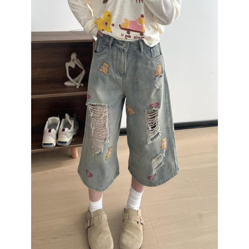 水洗做旧七分牛仔短裤女夏季新款宽松显瘦乞丐裤垂感高腰直筒中裤