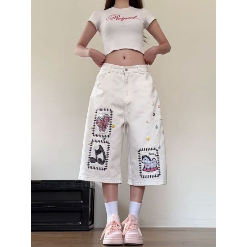 设计感卡通刺绣牛仔七分裤女夏季新款学生百搭垂感显瘦阔腿中短裤
