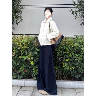 超好看深蓝色宽松显瘦拖地长裤 韩版 新款 女冬季 ins复古水洗牛仔裤