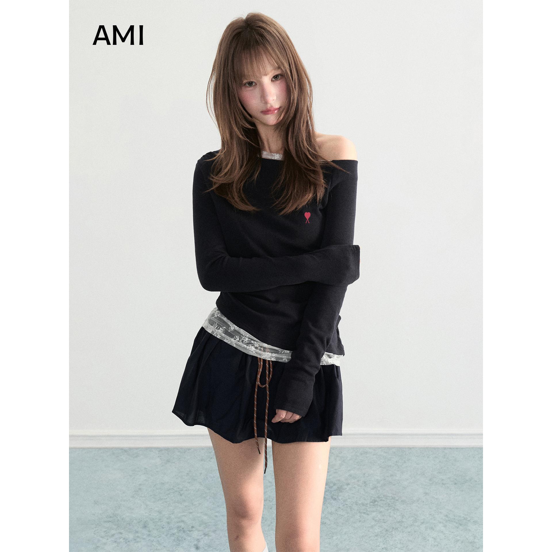 AMI黑色蕾丝斜肩长袖t恤女
