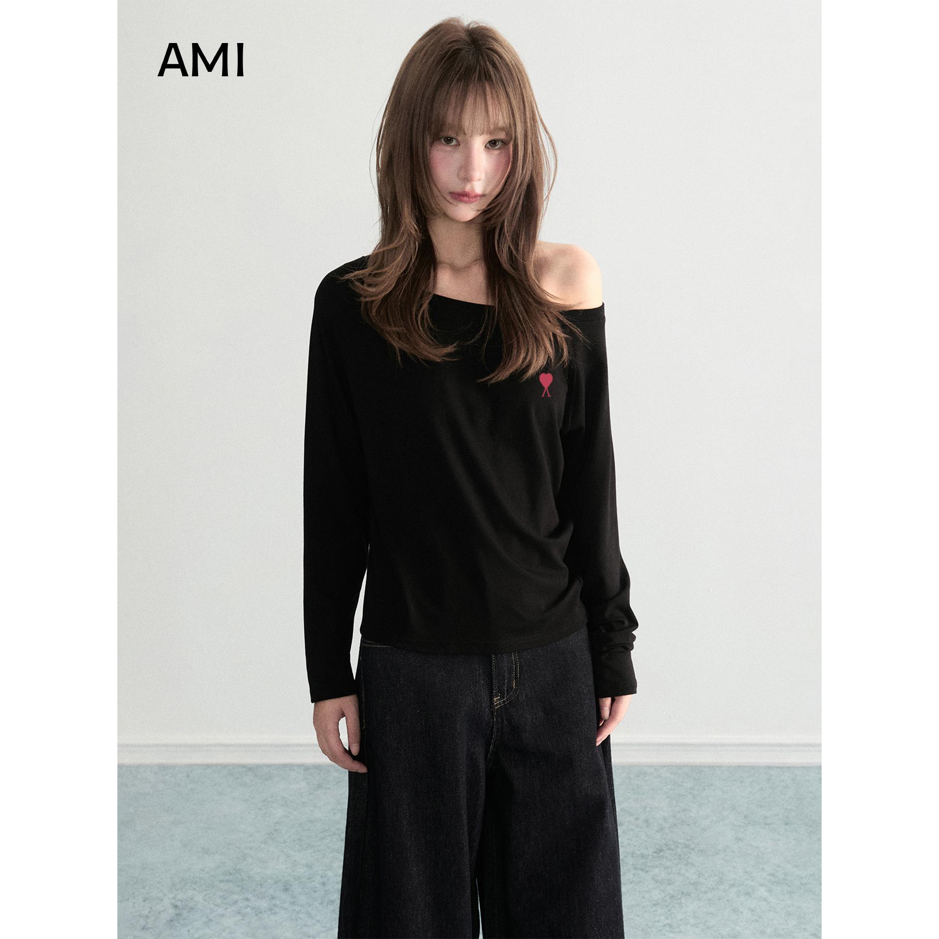 AMI美式灰色斜肩露长袖t恤