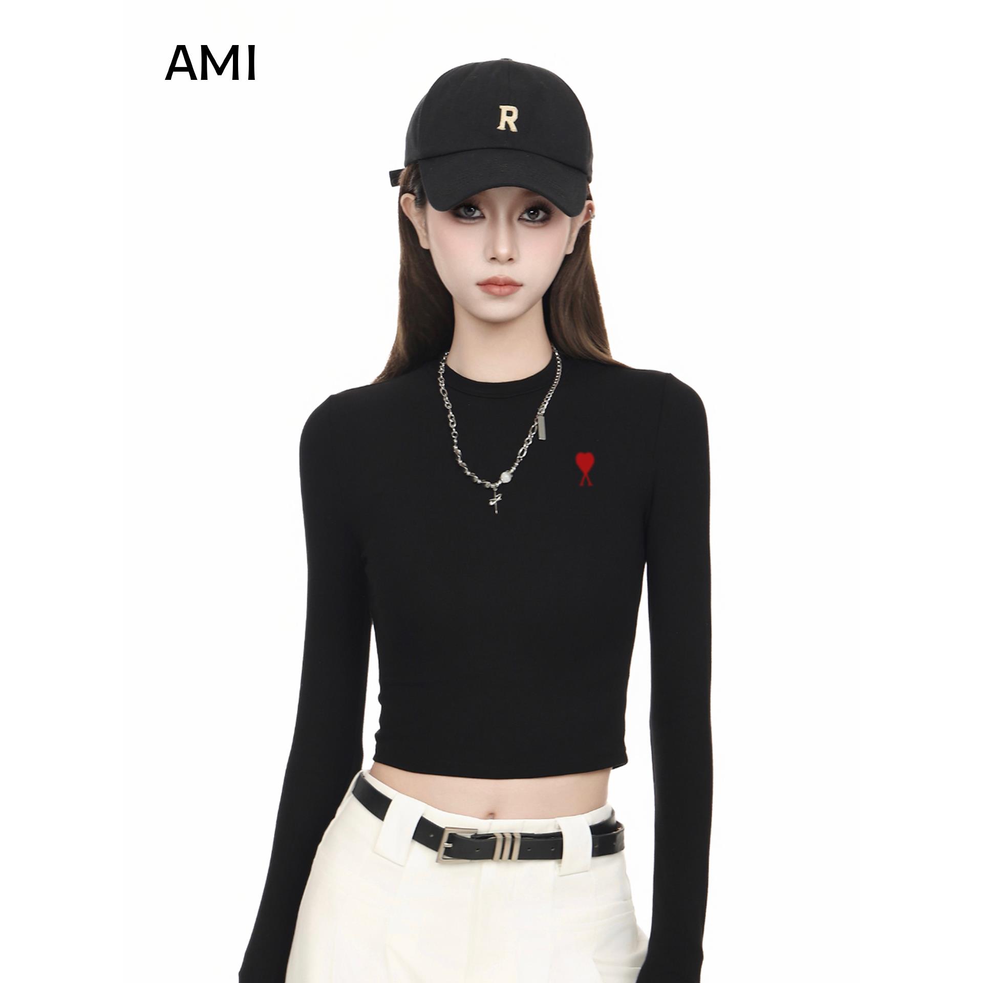 AMI美式黑色圆领长袖t恤女