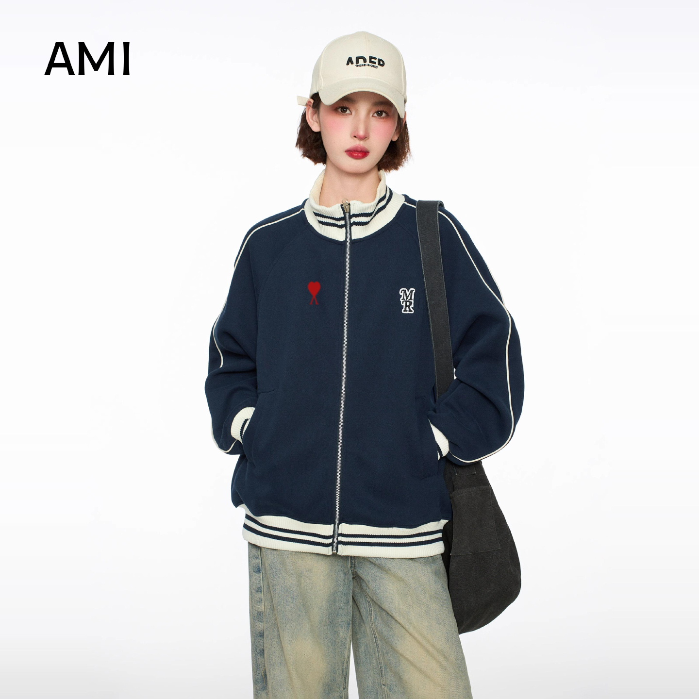 AMI美式藏青立领拉链棒球服外套女春秋新款宽松休闲运动卫衣开衫