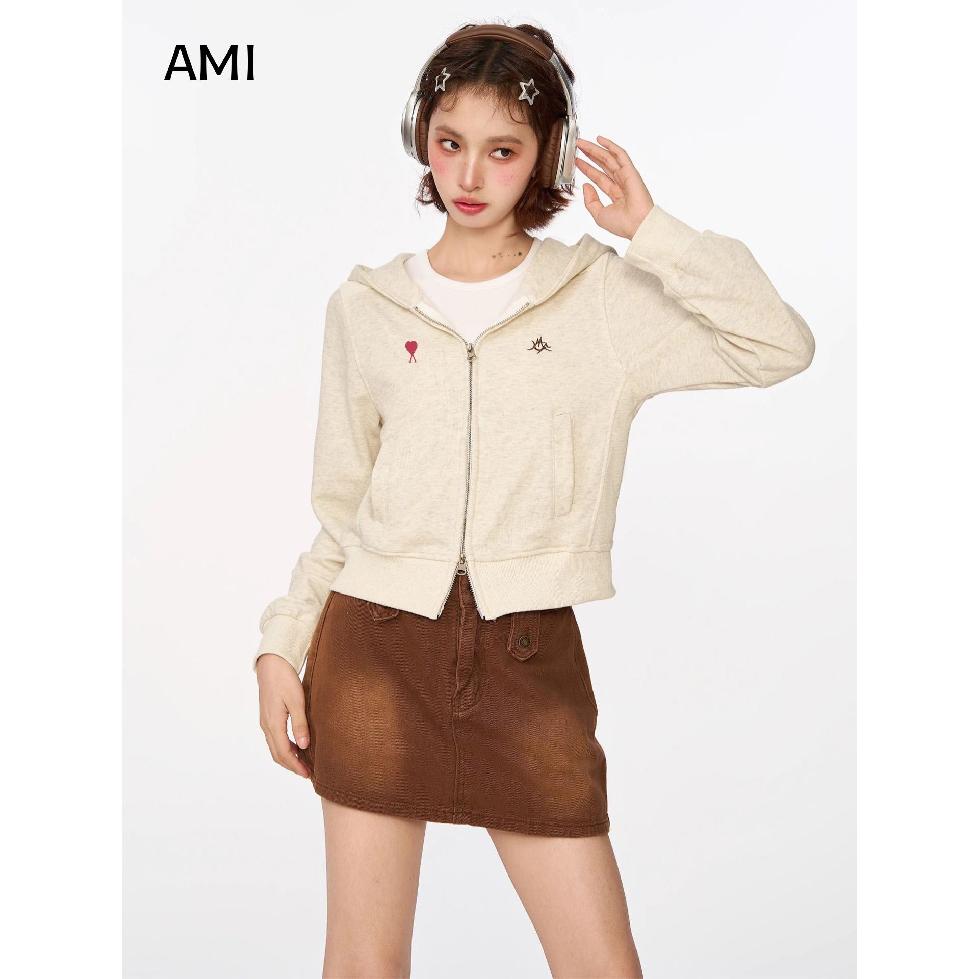 AMI美式灰色连帽拉炼卫衣