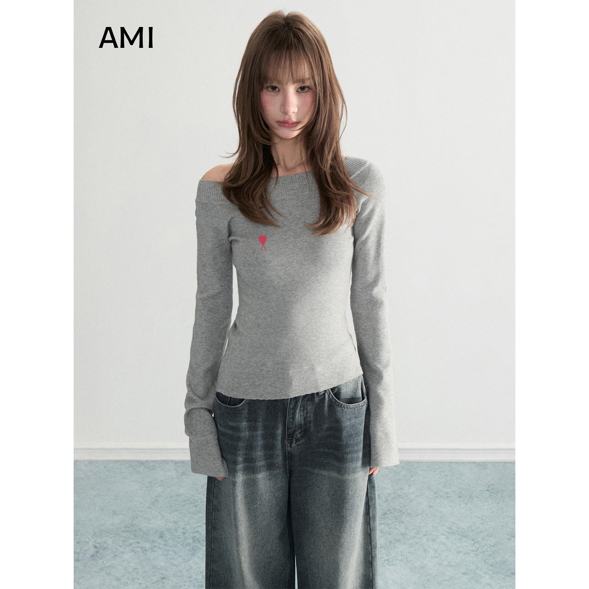 AMI美式灰色斜肩长袖t恤女