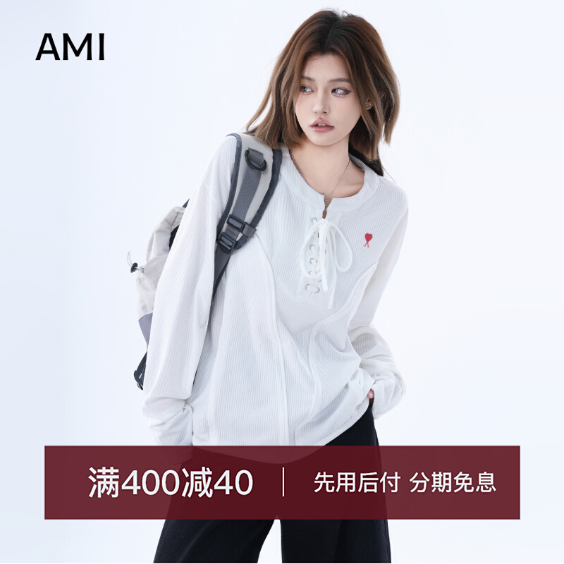 AMI美式复古纯色绑带长袖t