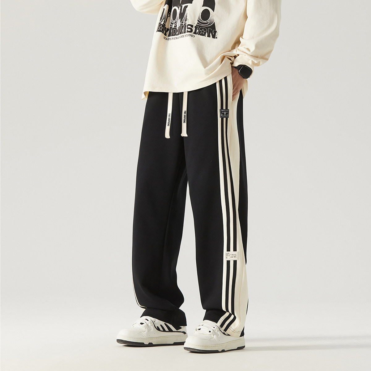 辛普森一家黑色休闲长裤男重磅潮牌美式宽松青少年学生裤子百搭