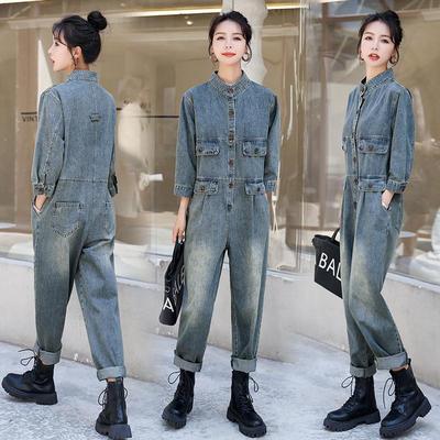 实拍工装牛仔连体裤女2025春秋季新款港风复古宽松显瘦连衣裤套装