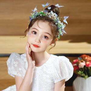 蝴蝶精灵仙子头饰儿童蓝色花环发饰女童演出礼服皇冠王冠发箍