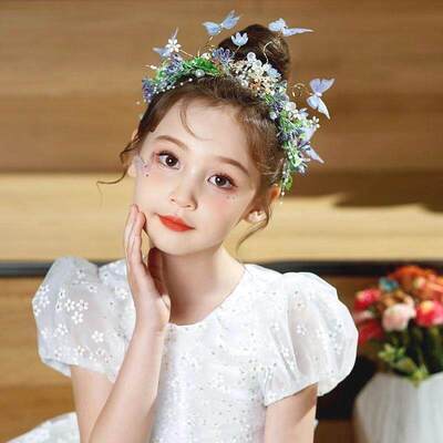 蝴蝶精灵仙子头饰儿童蓝色花环发饰女童演出礼服皇冠王冠发箍