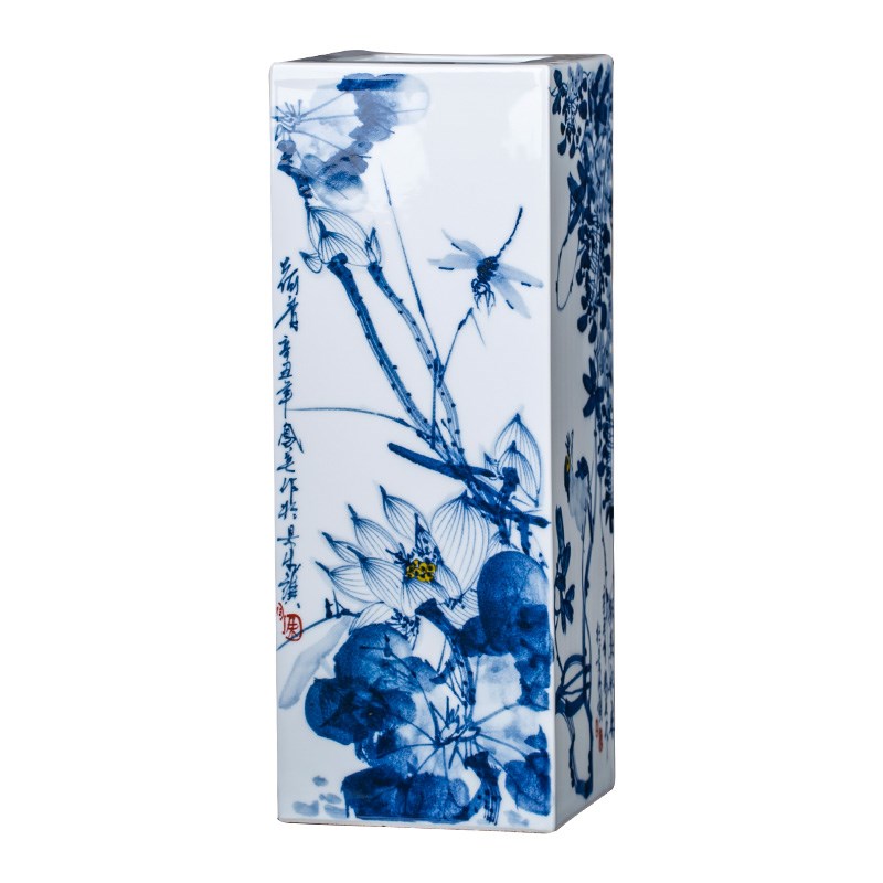 景德镇陶瓷器手绘青花瓷四方瓶装饰摆件家居客厅书房插画筒工艺品图片