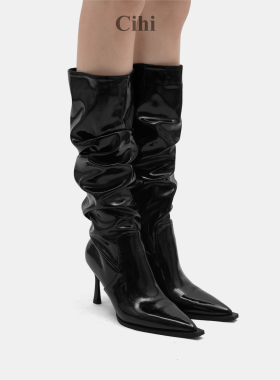 Cihi'Irritable' 重工褶皱设计长筒靴女2025新款冬尖头黑色堆堆靴