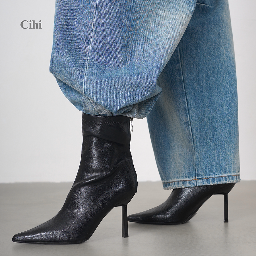 Cihi尖头细跟短靴女牛皮马丁靴