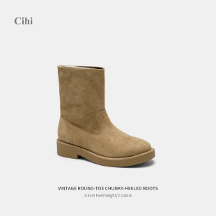 Cihi'Estrella' 设计师 绒面条纹棕色短靴秋冬可翻靴厚底短靴新款
