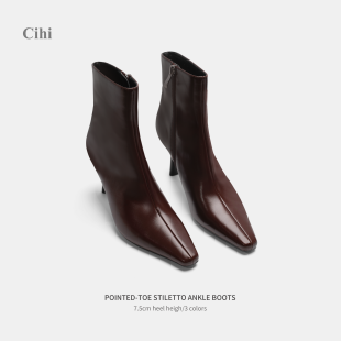 Cihi'Saorsa' 复古时尚软皮软面高密短靴方头侧拉链细高跟气质靴