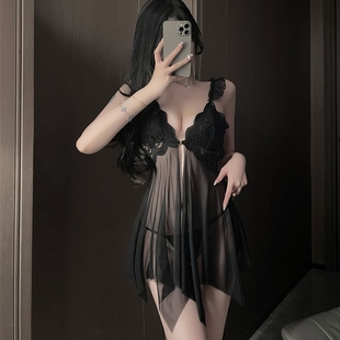 锦瑟  情致妖娆性感魅惑解扣战袍睡裙女网纱透视诱人带胸垫高级感