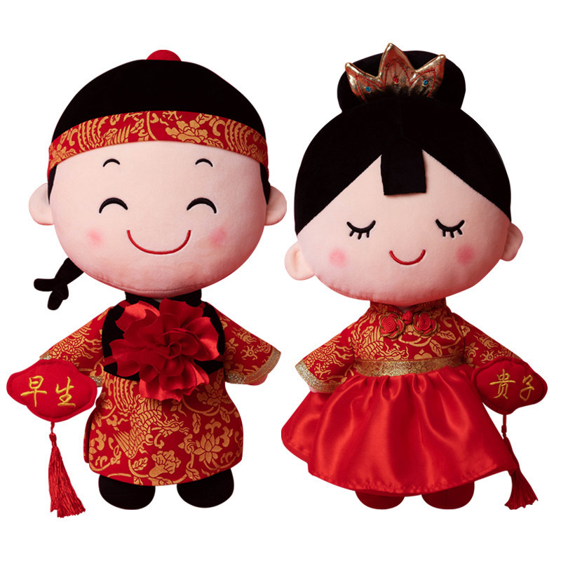 婚房牀上摆件布置毛绒军侣结婚公仔压牀娃娃娃娃一对新人玩偶新人